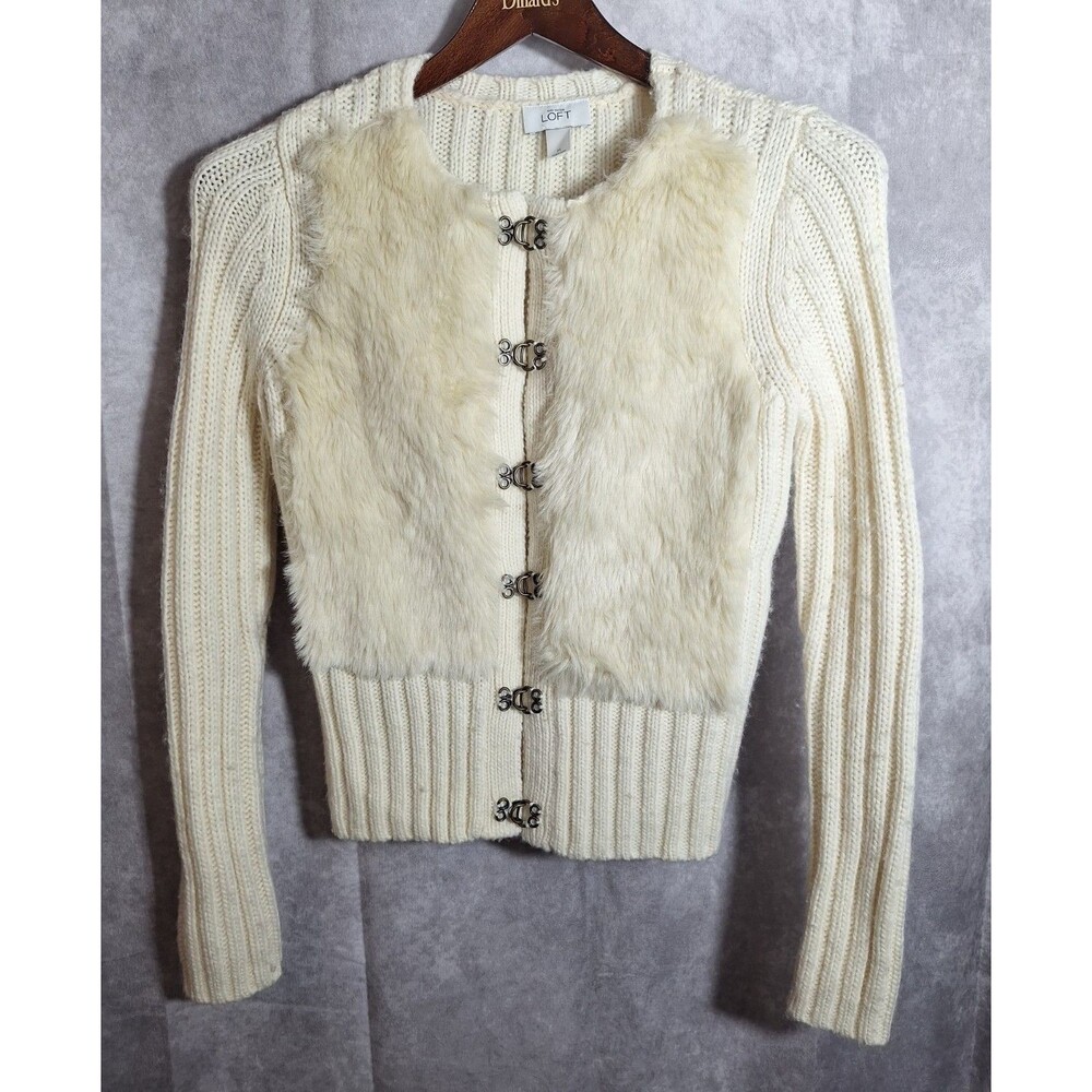 Ann Taylor Loft Cable Knit Faux Fur Cardigan Sweater Women's Sz M Buckle Wool